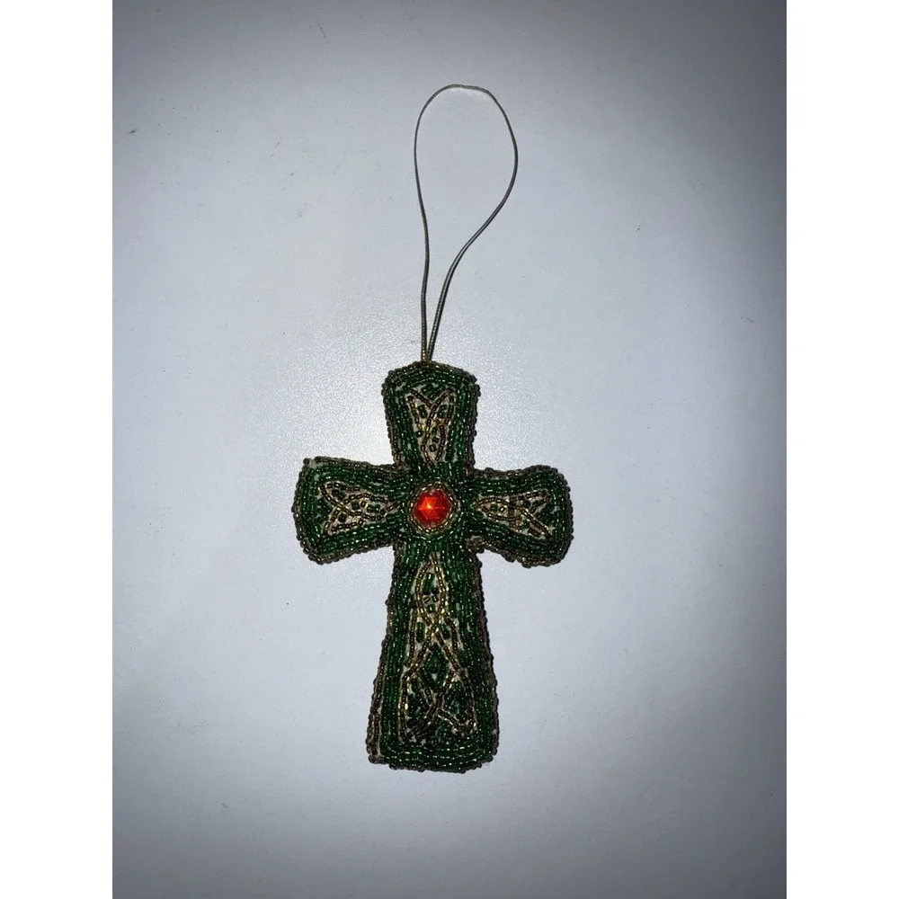 Vintage Double Sided Glass Beaded Red Cross Pillow‎ Ornament P